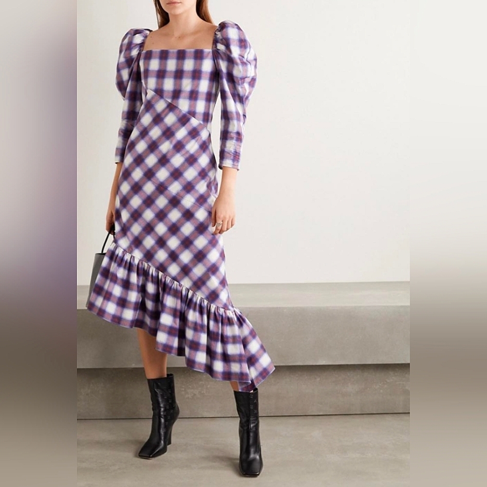 PushButton ASYMMETRIC RUFFLED CHECKED COTTON-POPLIN MIDI DRESS Size Medium